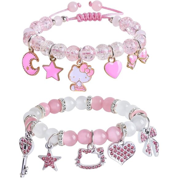 Charming Kawaii Cat Matching Bracelets Set - Crystal Bead & Braided Designs - Picture 1 of 6